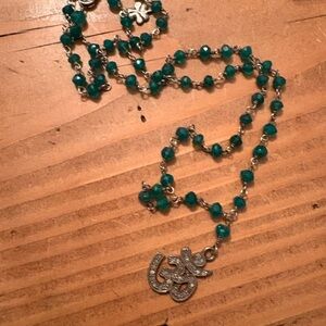 Elegant Green Beaded Necklace with Silver Pendant Pave diamond Buddhist OM